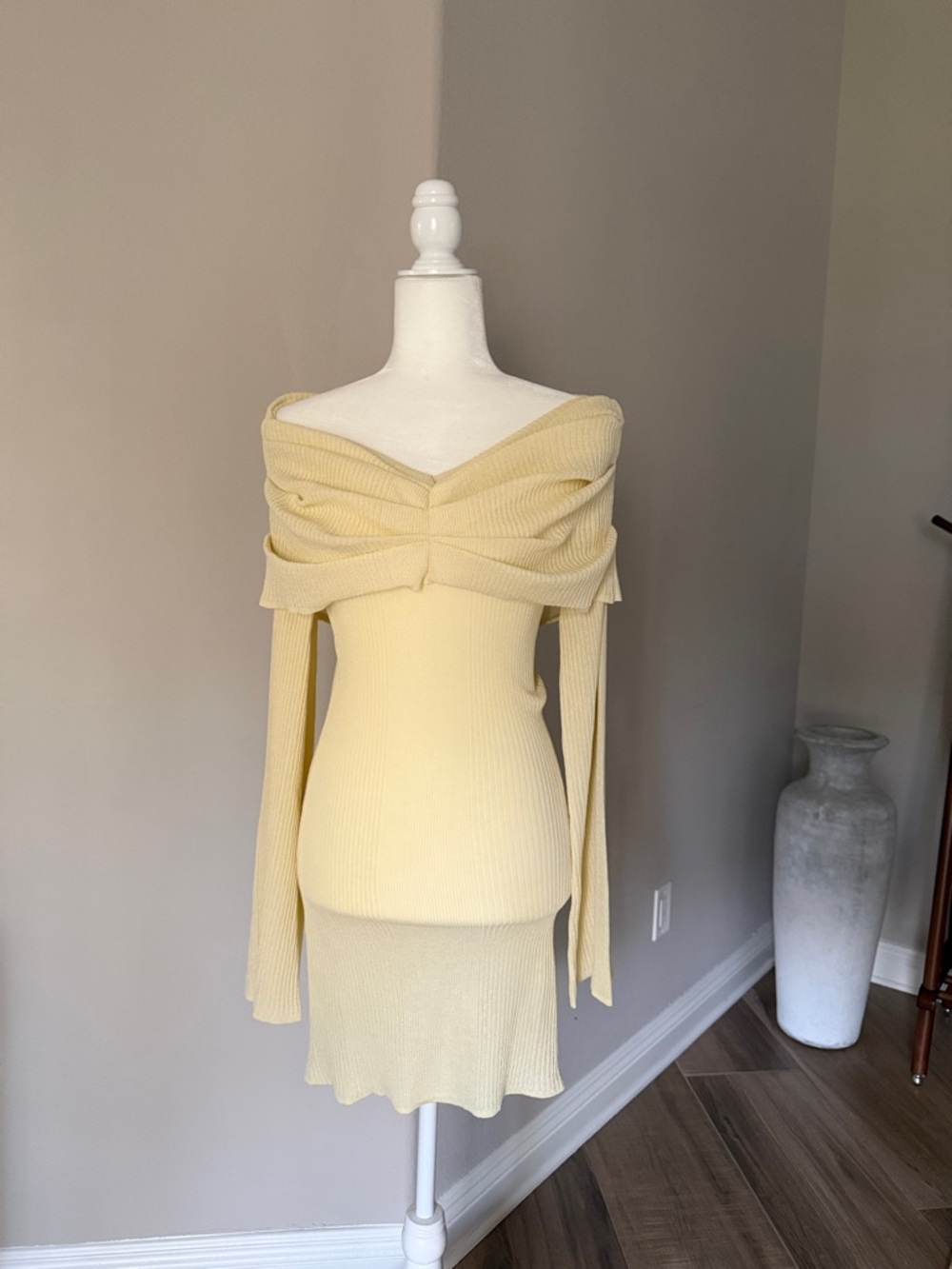 Off-Shoulder Long Sleeve Knit Dress in Pale Yellow
